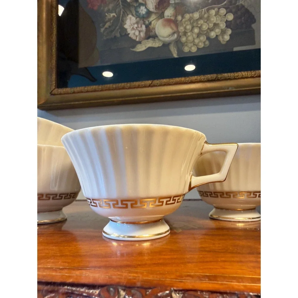Vintage Lenox Cretan Tea Cups Set of 6 • Ivory Bone China w/ Gold Greek Key Trim